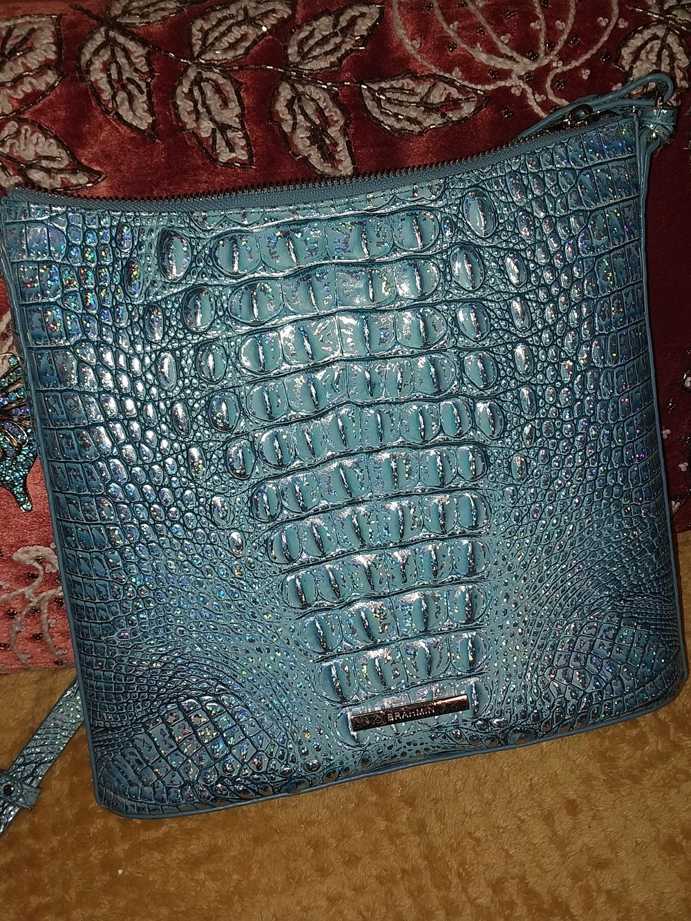 Brahmin Teal Croc-Embossed Leather Crossbody Bag